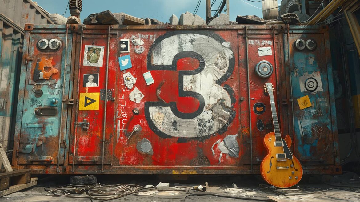 Rusted container with graffiti-style number 3, social media logos, and an electric guitar in an urban, gritty setting.