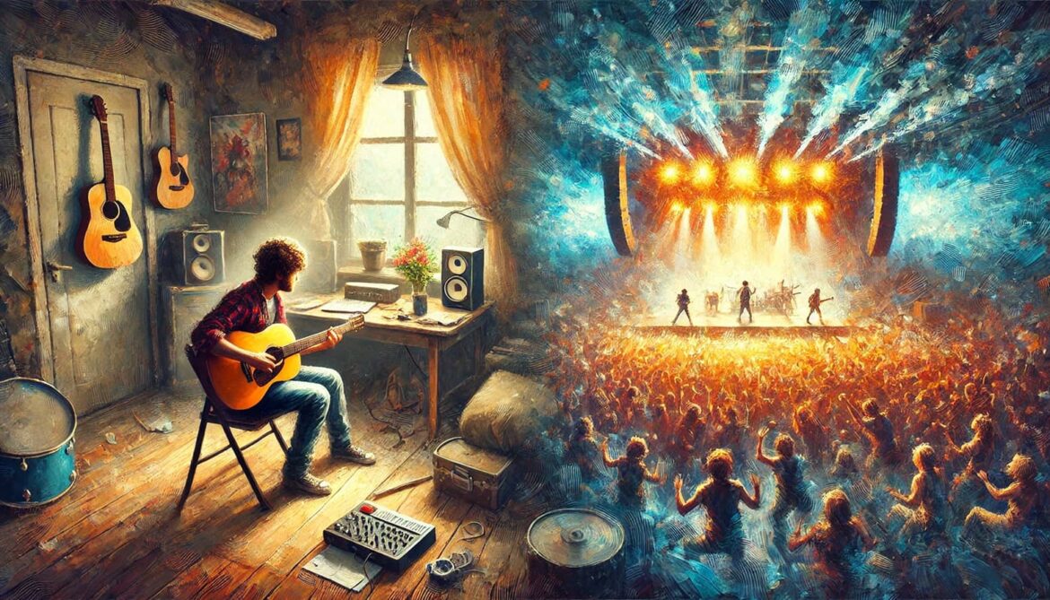 An impressionistic painting split-screen of a young musician working on a guitar in a bedroom studio, contrasted with a legendary rock band performing in a packed arena.