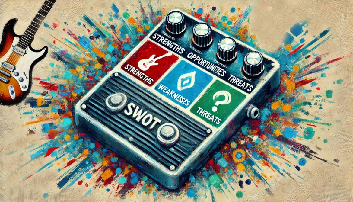 SWOT analysis depicted as a guitar effects pedal with vibrant colors and icons representing Strengths, Weaknesses, Opportunities, and Threats, surrounded by artistic brushstrokes and a guitar, conveying a rock music theme.