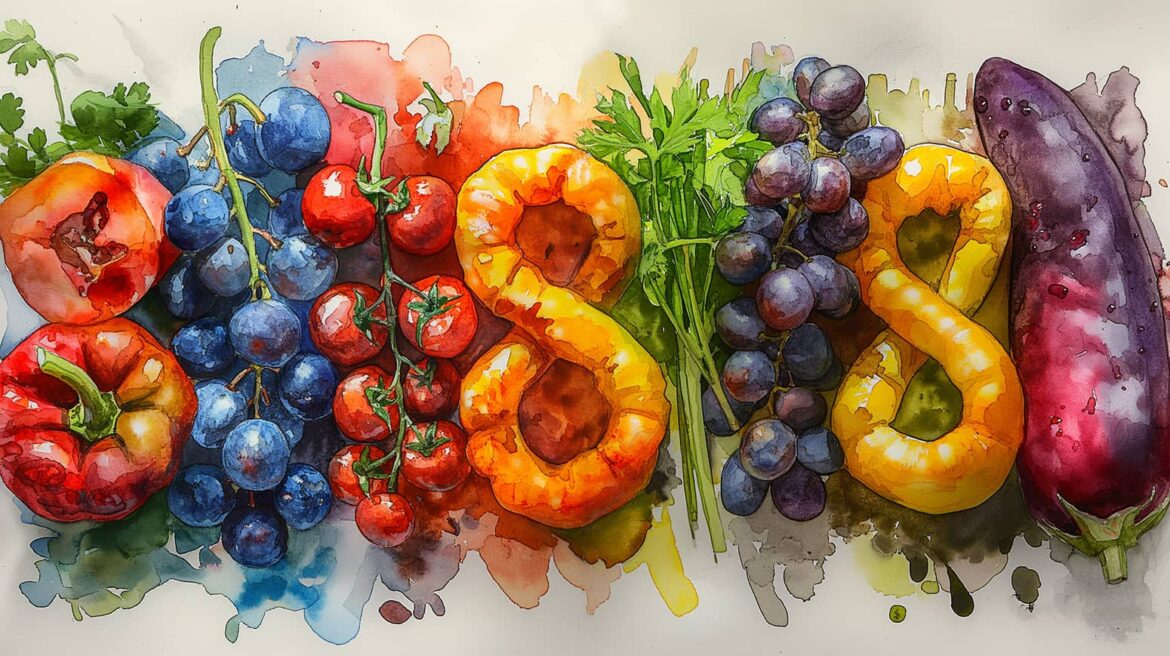 A colorful watercolor painting featuring vibrant fruits and vegetables. The image highlights a variety of fresh produce, including bell peppers, tomatoes, grapes, and eggplants, arranged in a visually appealing manner with two large yellow bell peppers forming the number 8 in the center.