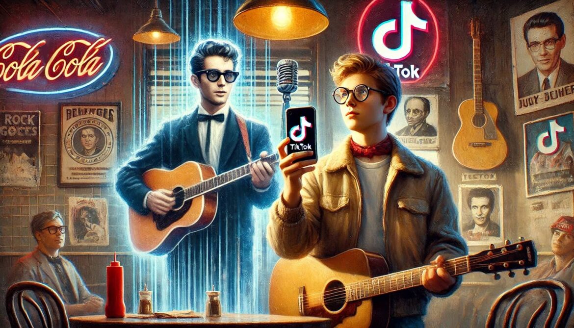 Buddy Holly -- Young musician holding a smartphone with the TikTok logo, facing a hologram of a 1950s rock legend in a retro diner setting with neon signs and classic rock posters.