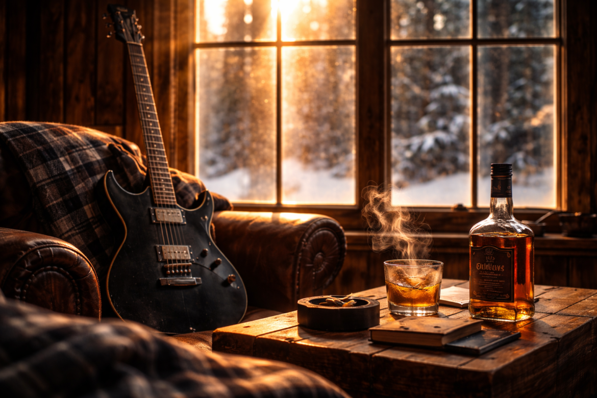 Heavy metal electric guitar and whiskey in a sunlit winter cabin interior