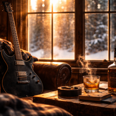 Heavy metal electric guitar and whiskey in a sunlit winter cabin interior